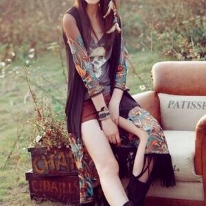 Black Sheer Kimono with Floral Embroidery